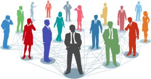 Large group of silhouette business people in nodes connected by many network lines