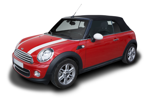 Red Mini Cooper Convertible car parked isolated on white background.