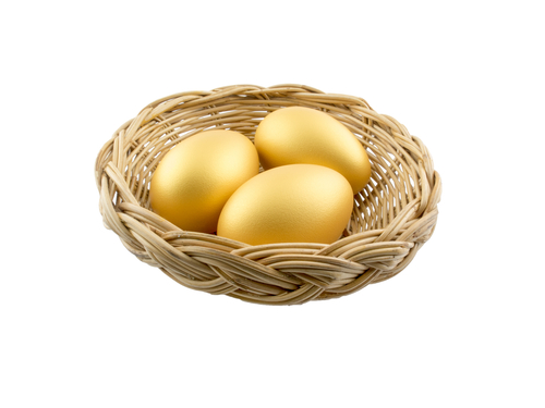 Three golden eggs in a basket isolated on white background