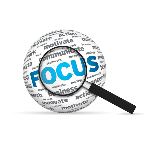 Focus 3d Word Sphere with magnifying glass on white background.